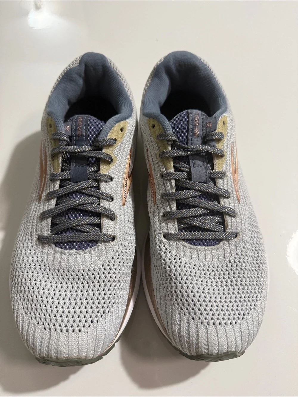 Brooks Revel 3 Running Shoes Gray Flint Stone Pale Gold Knit Women's Size 7
